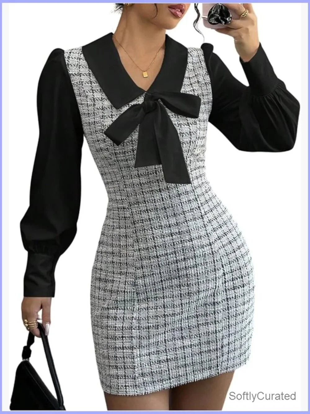 Elegant Plaid Tweed Dress Bow Front Lantern Long Sleeve 2 in 1 Mini - Picture 1 of 6